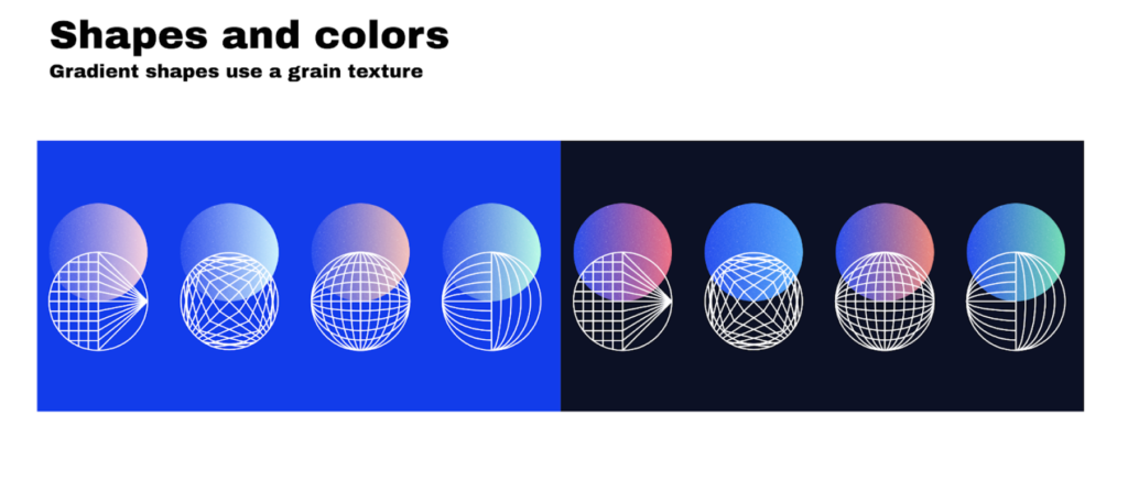 Illustration of different spheres on a blue background and a black background.