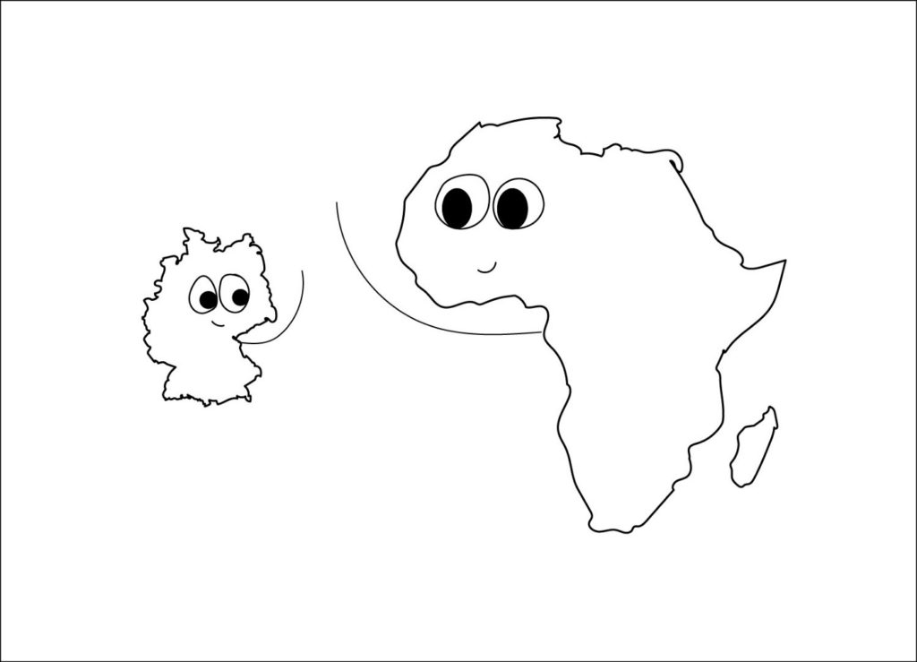 Illustration of line drawings of Africa and Germany with eyes hi-fiving each other.