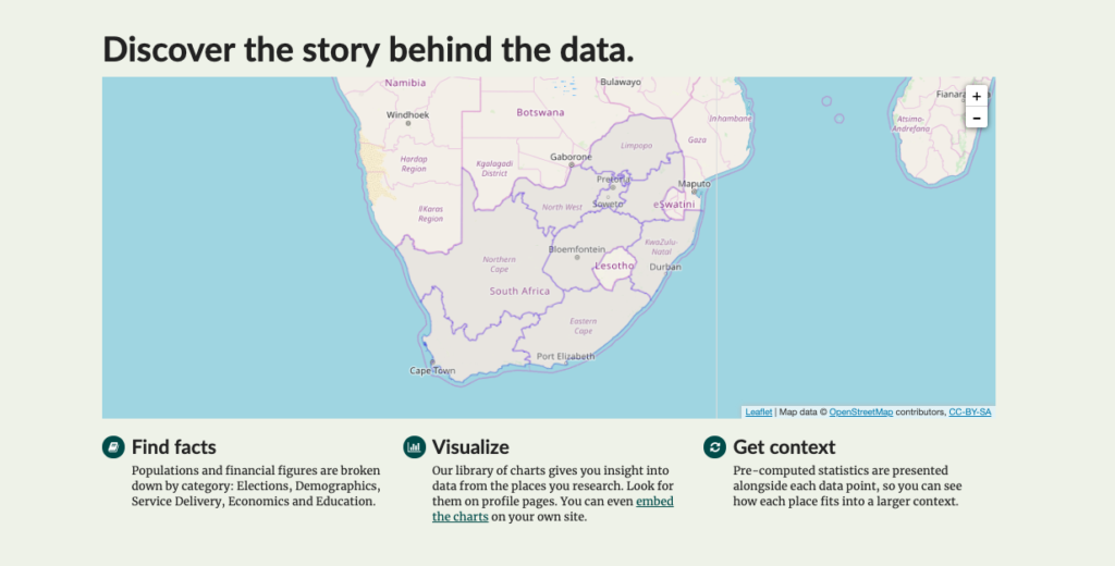 Screenshot of the Wazimap platform showing a map of South Africa.