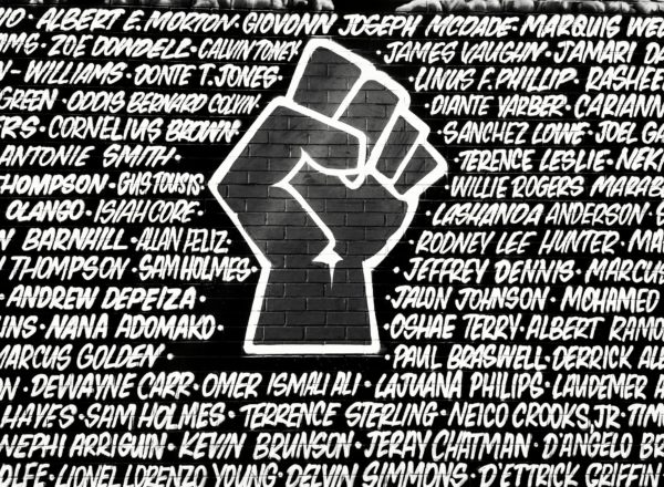 Digital art of a clenched fist surrounded by several names.