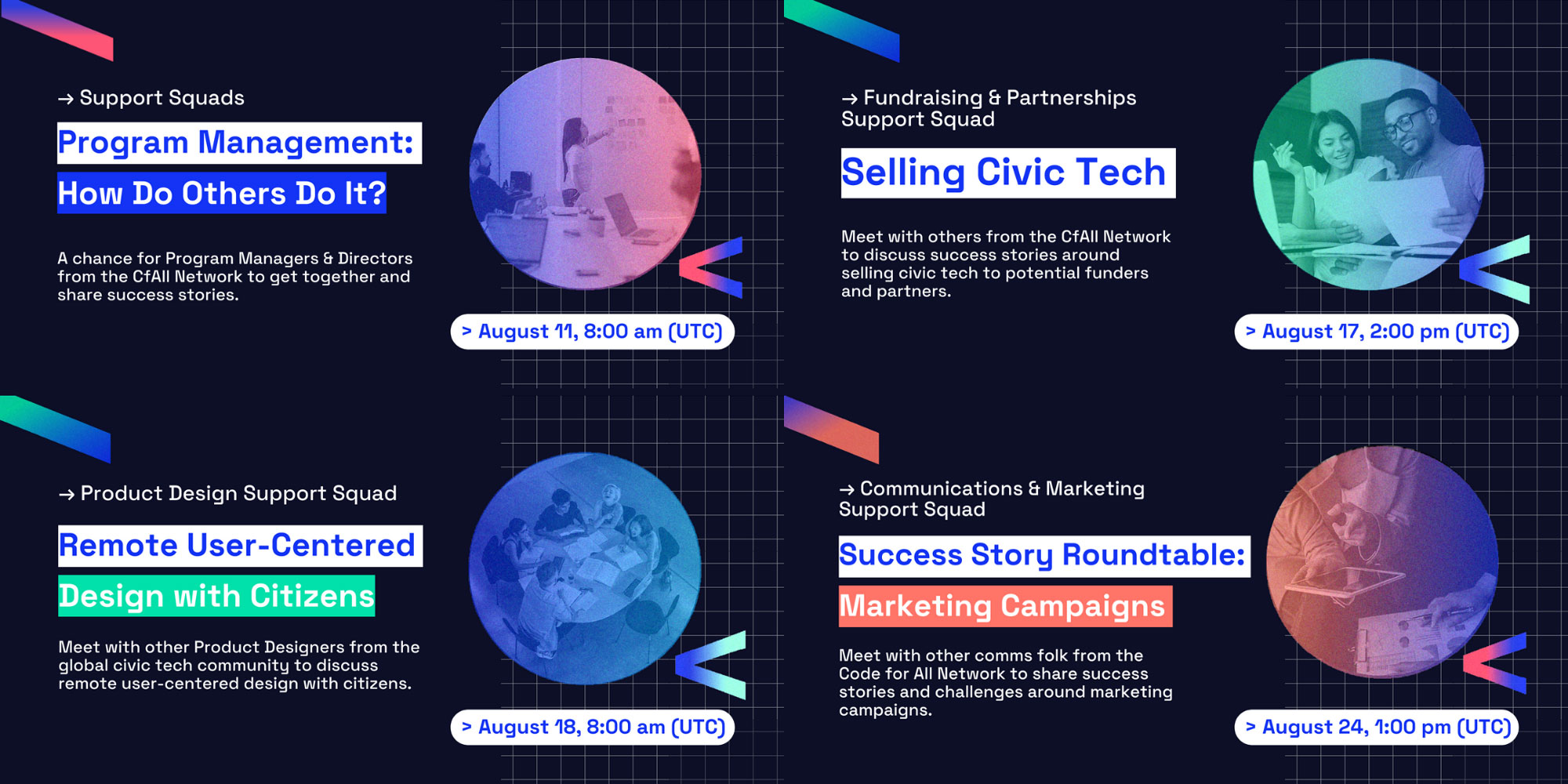 Composite of 4 event posters with the titles: 1 - Program Management: How Do Others Do It? 2 - Selling Civic Tech. 3 - Success Story Roundtable: Marketing Campaigns. 4 - Remote User-Centered Design with Citizens.