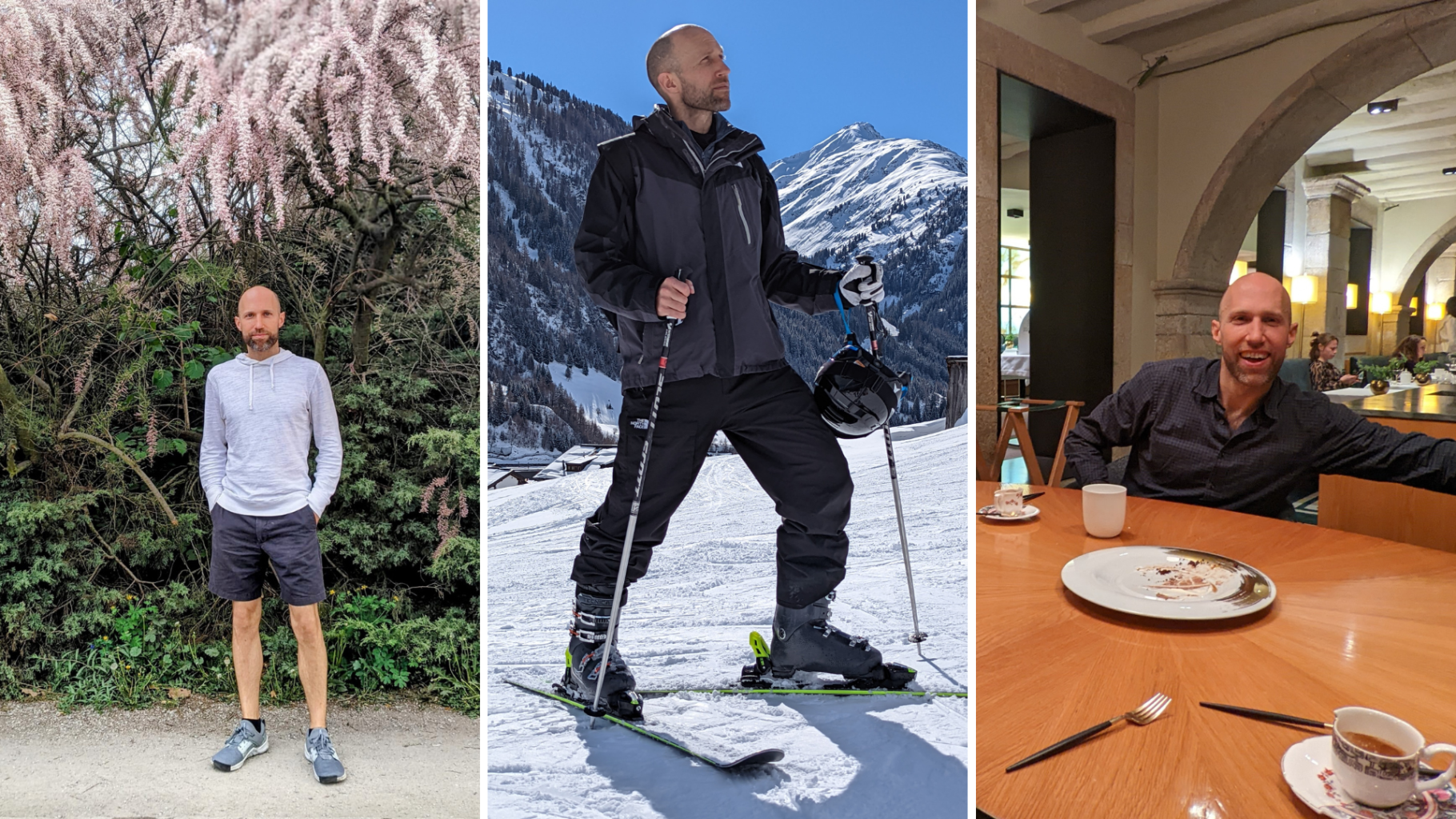 Composite images of a man posing for a photo in front of a hedge, on skis, and in a restaurant.