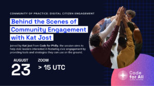 Image text: Behind the Scenes of Community Engagement with Kat Jost. 23 August, 15 UTC.