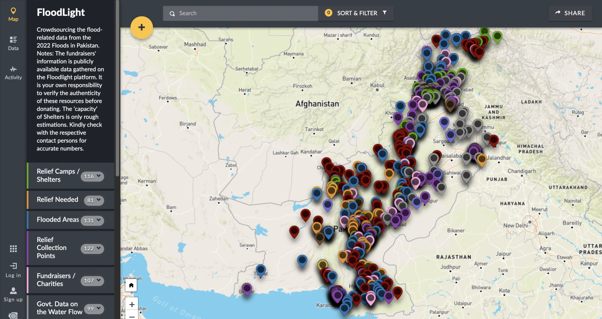 A screenshot from the online platform "FloodLight" with pins representing several locations in Pakistan.